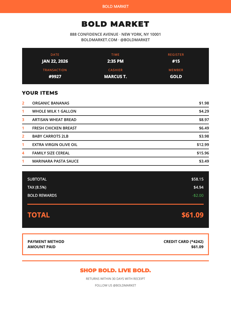 Contemporary bold receipt